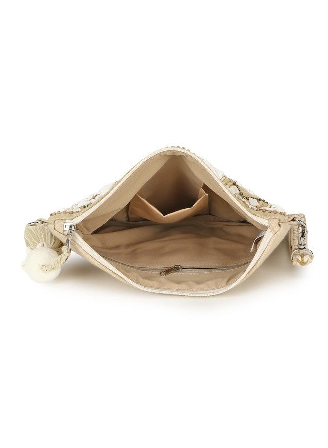 Anekaant Women Boho Beige & White Cotton Jute & Canvas Boho Embellished Sling Bag - Image 5